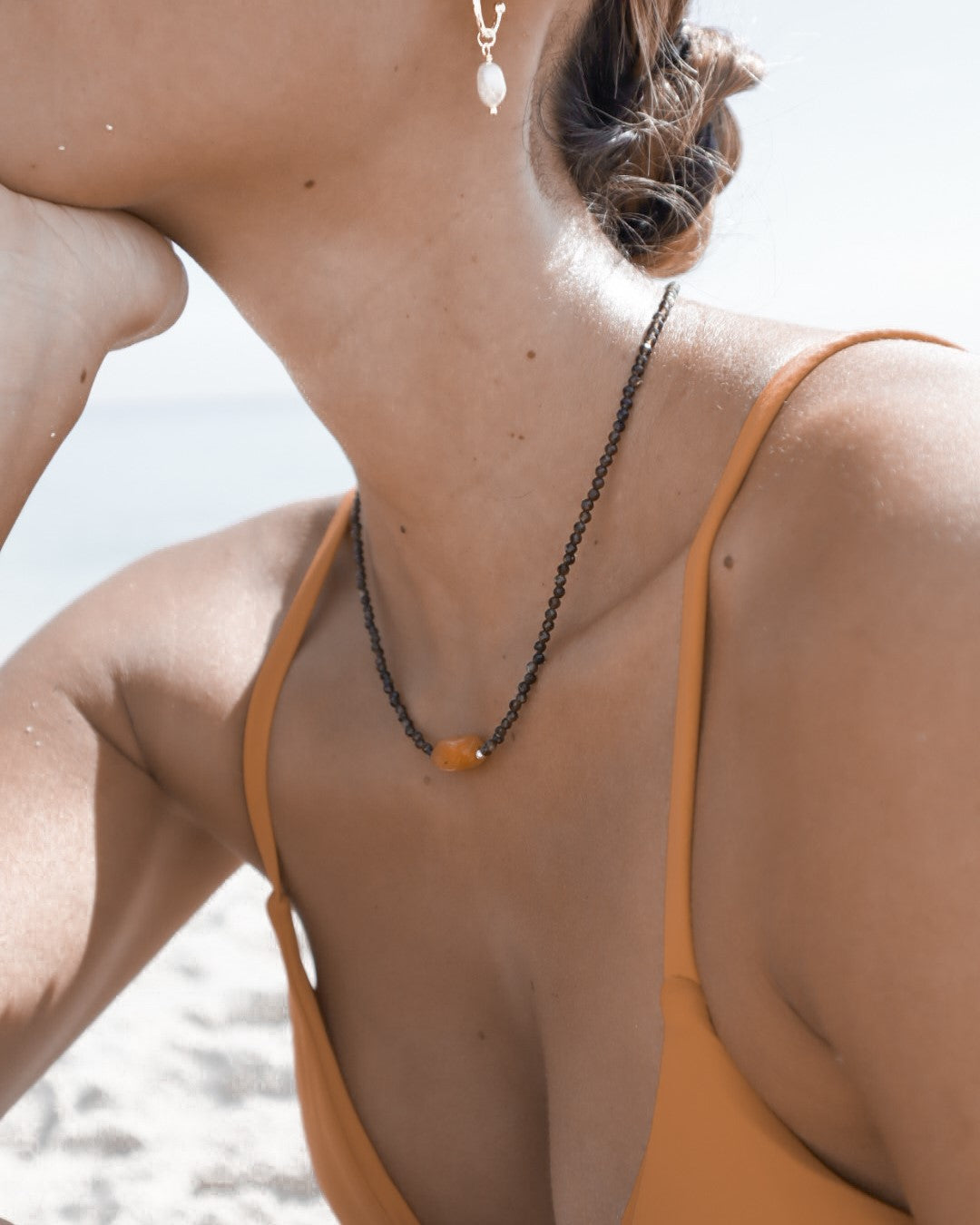 Collar Malia Obsidiana y ágata naranja - silver